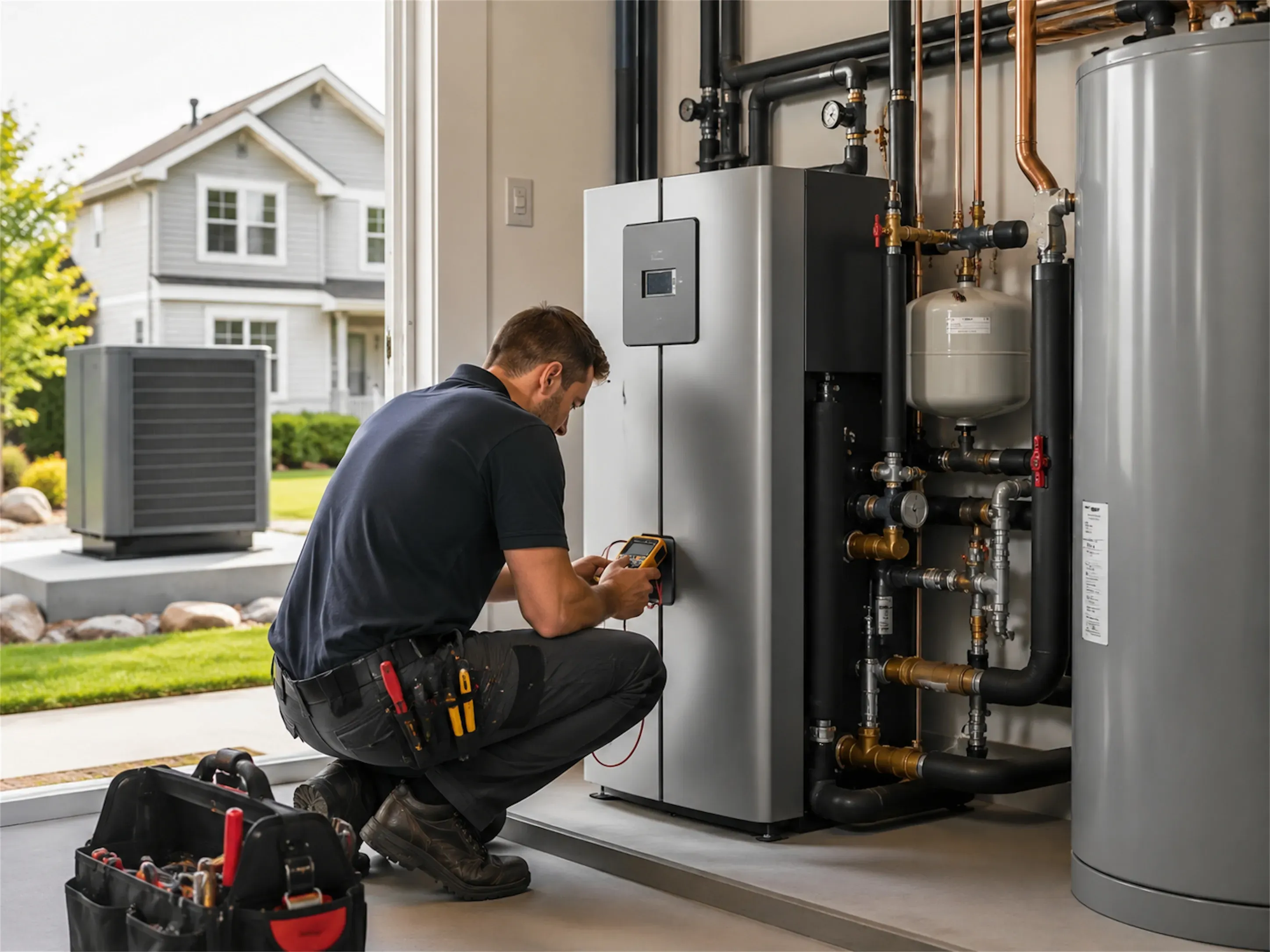 Técnico de HVAC inspeccionando sistema de bomba de calor con medidor de diagnóstico.