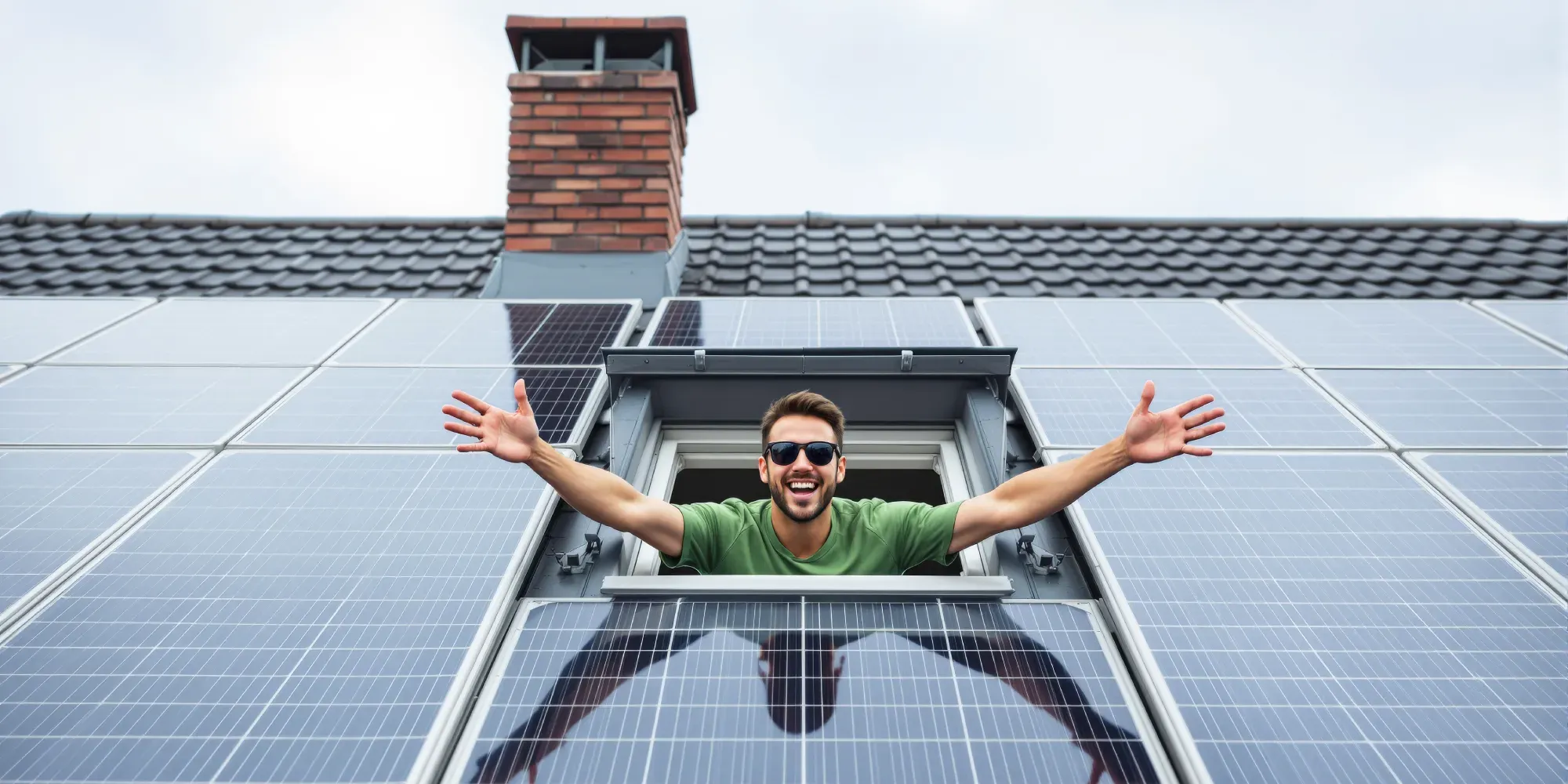 Hombre con los brazos levantados celebrando frente a paneles solares en el techo.