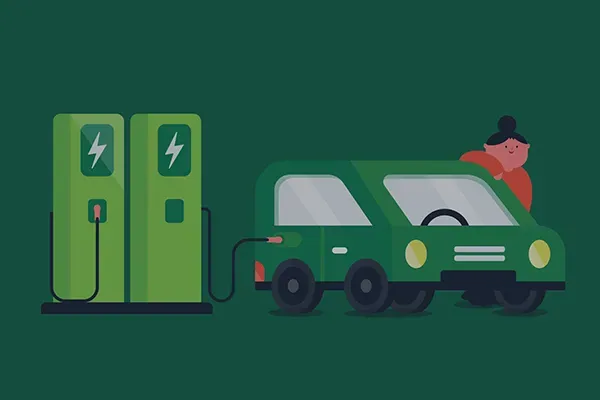 Illustration eines elektrischen Autos, das an zwei grünen Ladesäulen steht.
