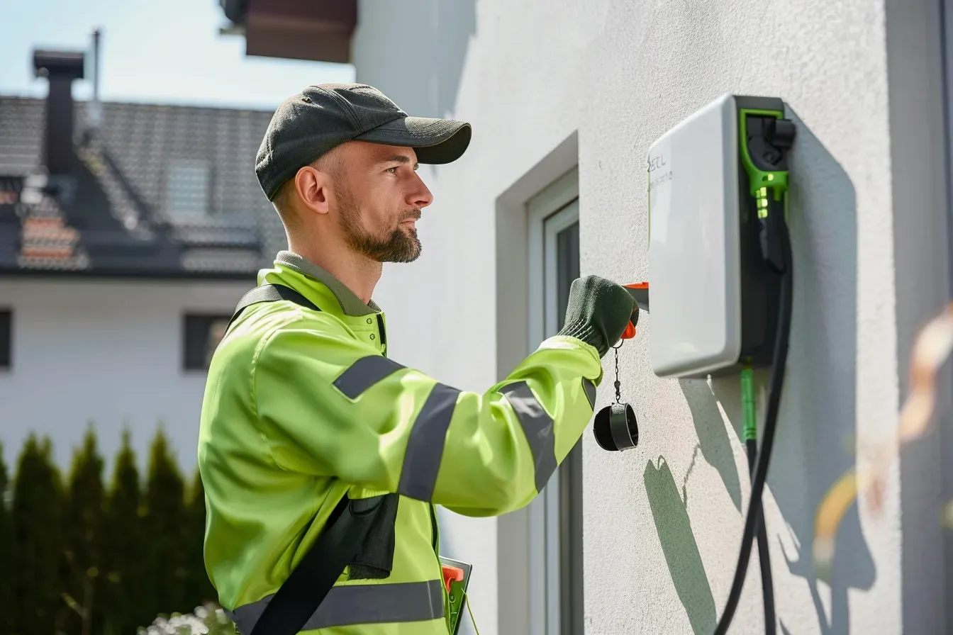 Tecnico in giubbotto ad alta visibilità installa caricabatterie per veicoli elettrici su muro.