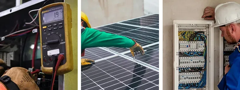 CE-Elektrotechnik – Elektriker misst Spannung, montiert Photovoltaikmodule und installiert Schaltschrank