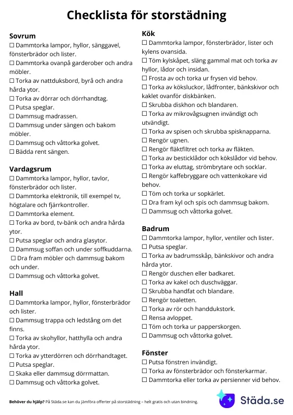 Checklista för storstädning med städmoment för sovrum, vardagsrum, hall, kök, badrum och fönster.