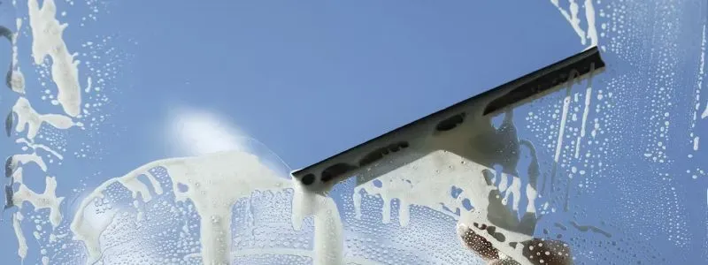 En hand använder en fönsterskrapa för att rengöra ett fönster täckt av tvålskum mot en klar blå himmel.