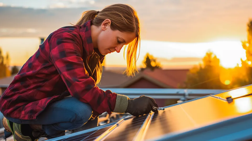 Mujer instalando panel solar en techo al atardecer.