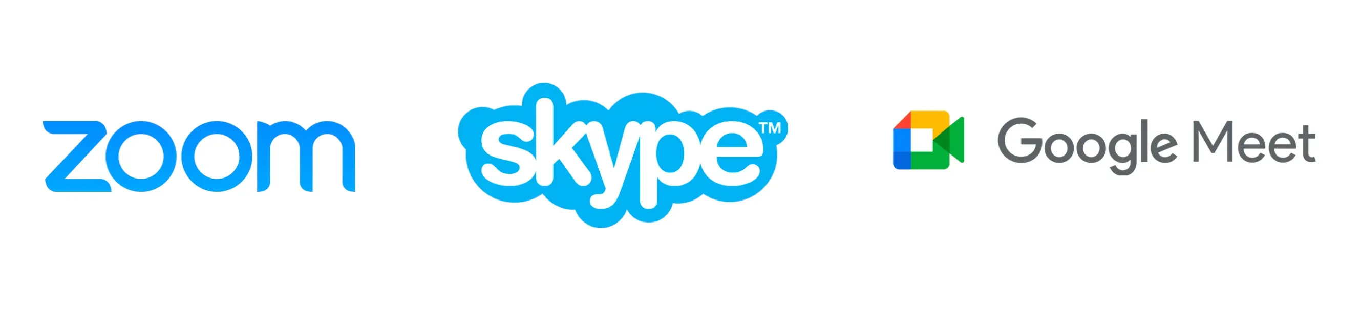 Logotipos de las aplicaciones de videoconferencia Zoom, Skype y Google Meet.