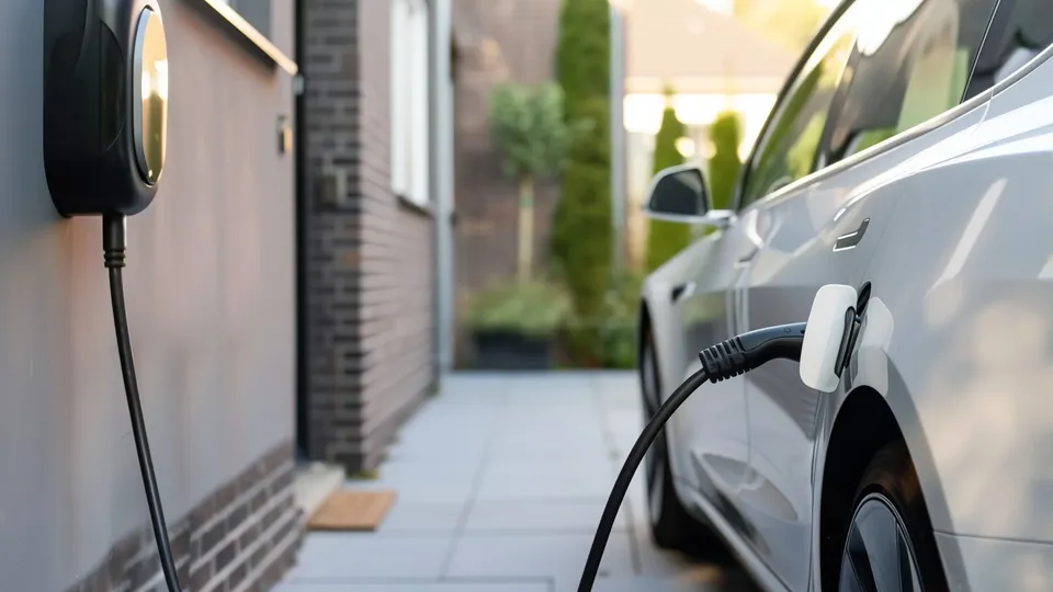 Pictured is an EV being charged outside a brick hosue