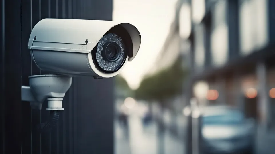 Cámara de seguridad montada en la pared vigilando la calle.