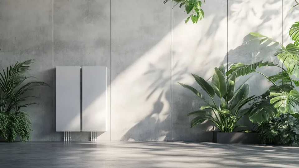 Interior minimalista con panel blanco en blanco y plantas en macetas contra pared de concreto.