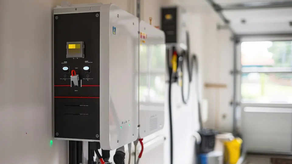 Panel de control eléctrico industrial con cara negra y pantalla amarilla montado en la pared.
