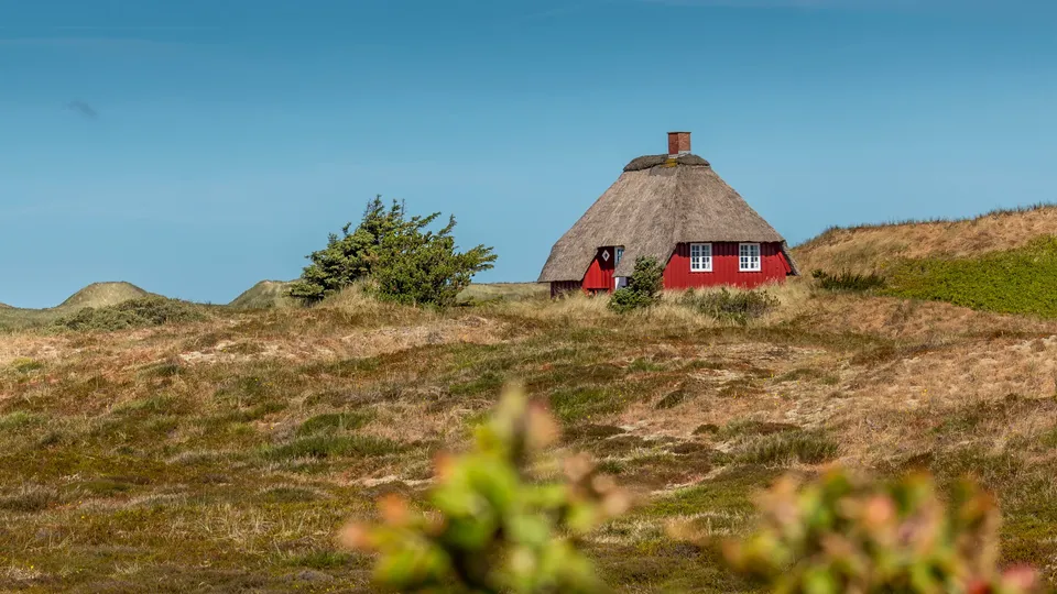 Rødt hus med stråtag på græsklædt bakke.