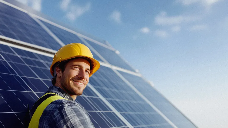 Solar panel technician in yellow hat and safety vest smiling at camera.