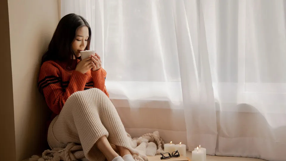 Woman holding mug while sitting by window with candles and books nearby.