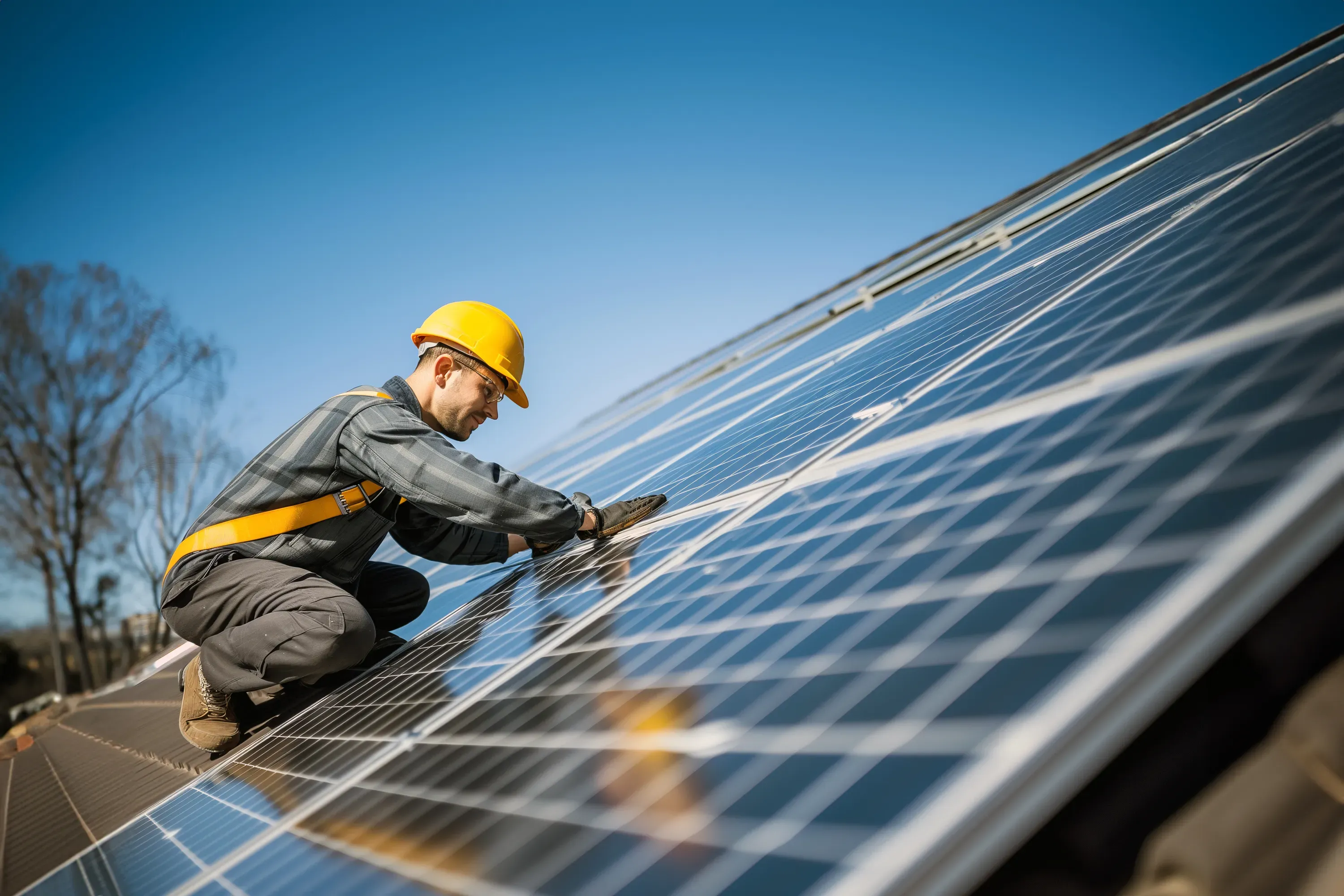 Worker installing solar panels on roof
