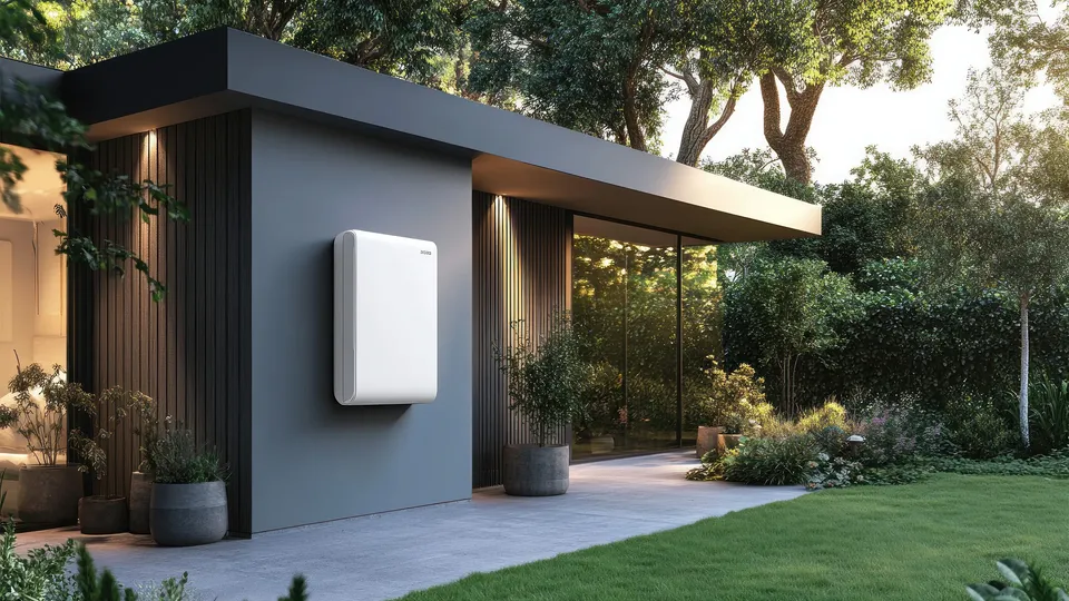 Exterior de casa moderna con unidad blanca de bomba de calor en pared gris