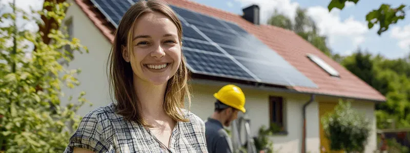 Donna sorridente in piedi davanti a una casa con pannelli solari.