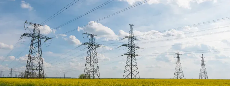Fila de torres de transmissão elétrica num campo verde sob céu azul.