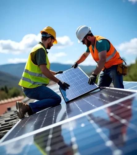 Dos trabajadores instalando un panel solar en un tejado.