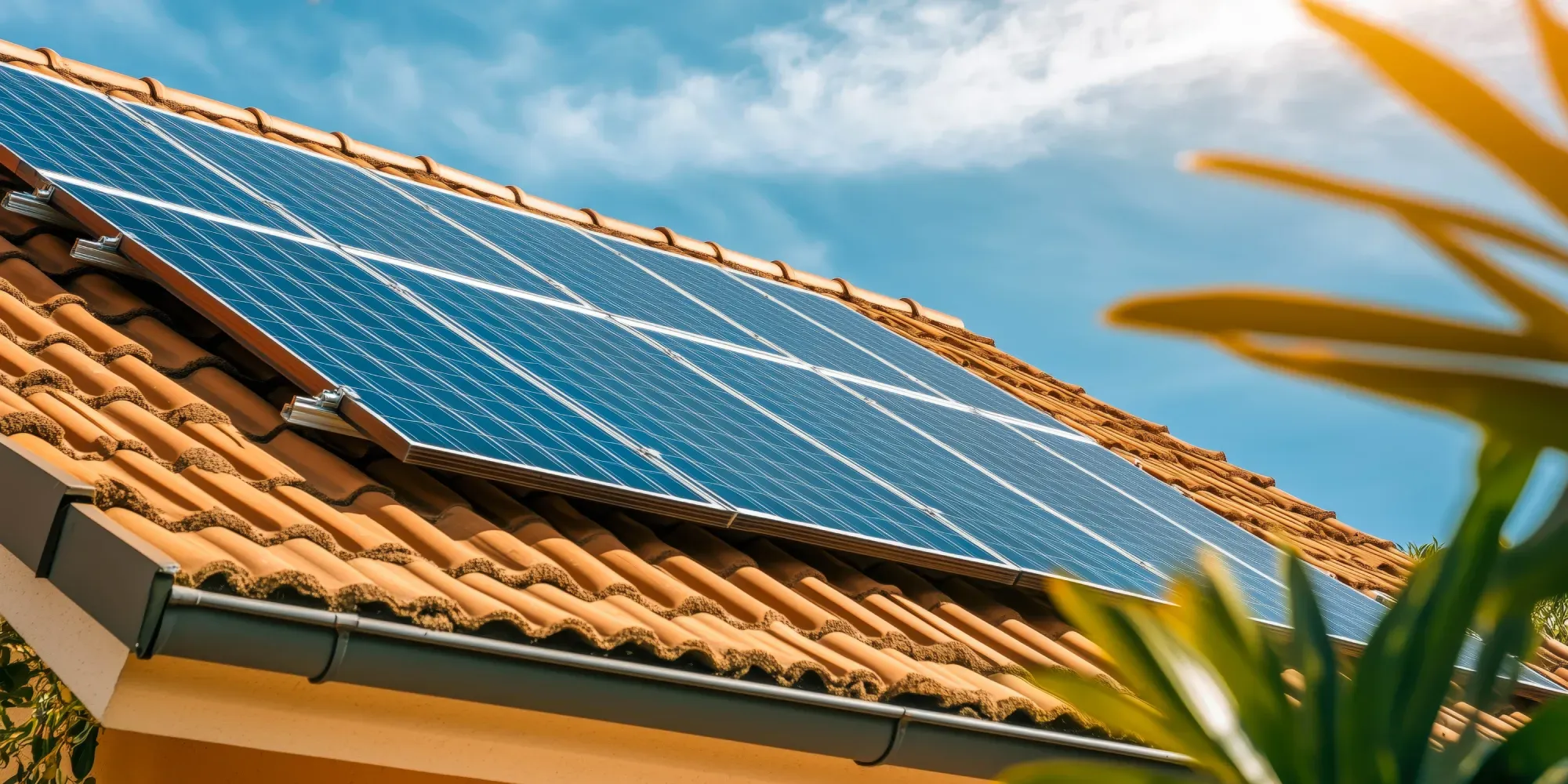 Paneles solares instalados en un techo de tejas de barro bajo cielo azul.