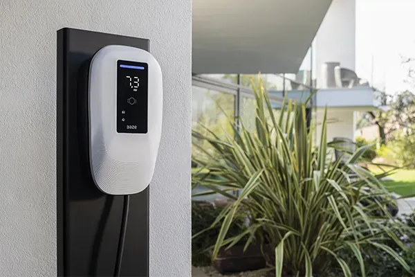 Weiße und schwarze Ladestation für Elektrofahrzeuge an der Wand montiert.