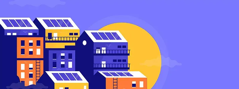 Gebäude mit Solarpanelen auf Dächern unter großer gelber Sonne.