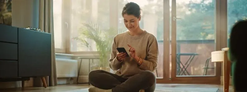 Kvinde sidder på gulvet med sin mobiltelefon.