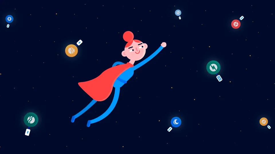 Tegneseriefigur i superheltkåbe flyver opad omgivet af finansielle app-ikoner.