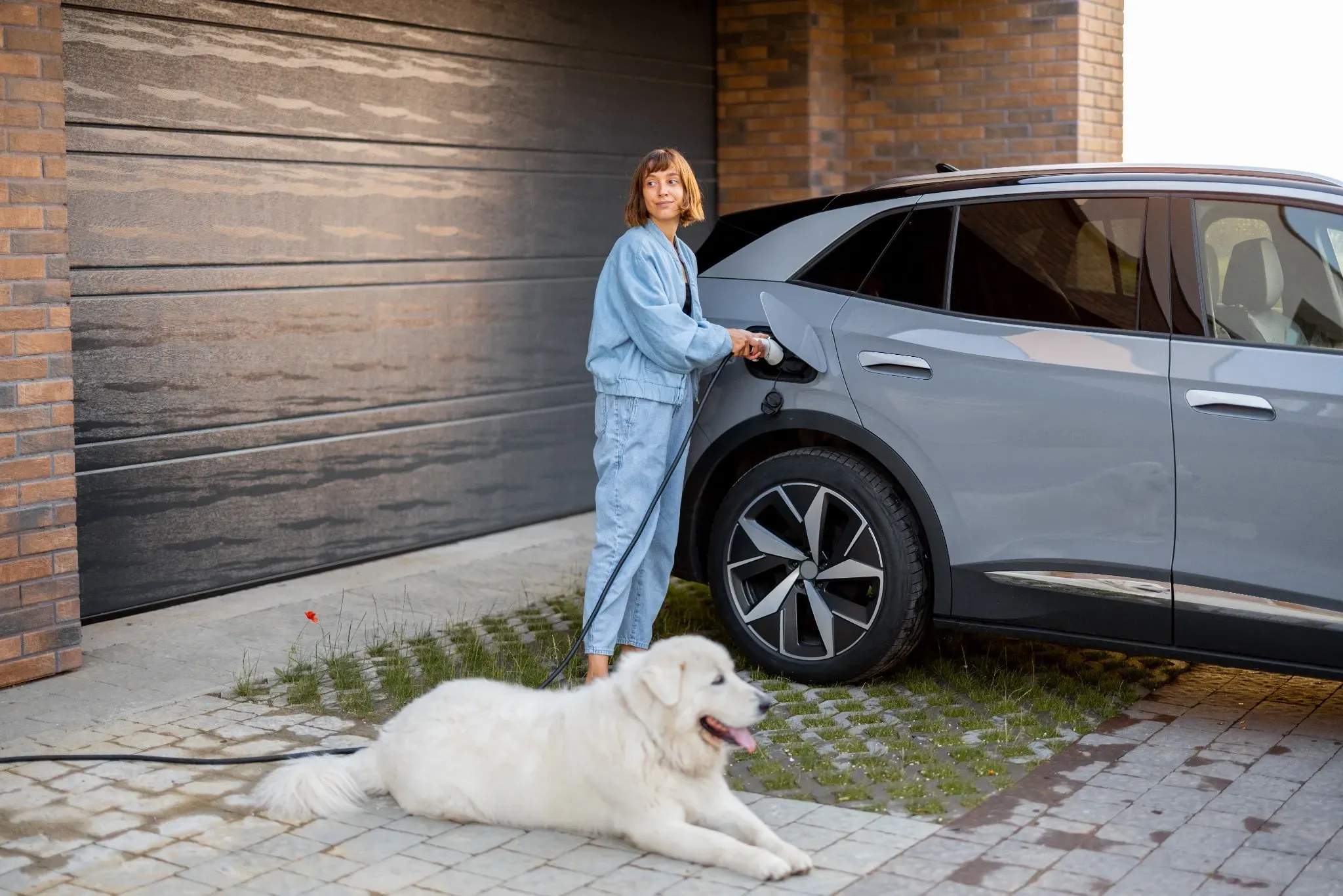 Kvinde lader elbil med hund liggende foran.