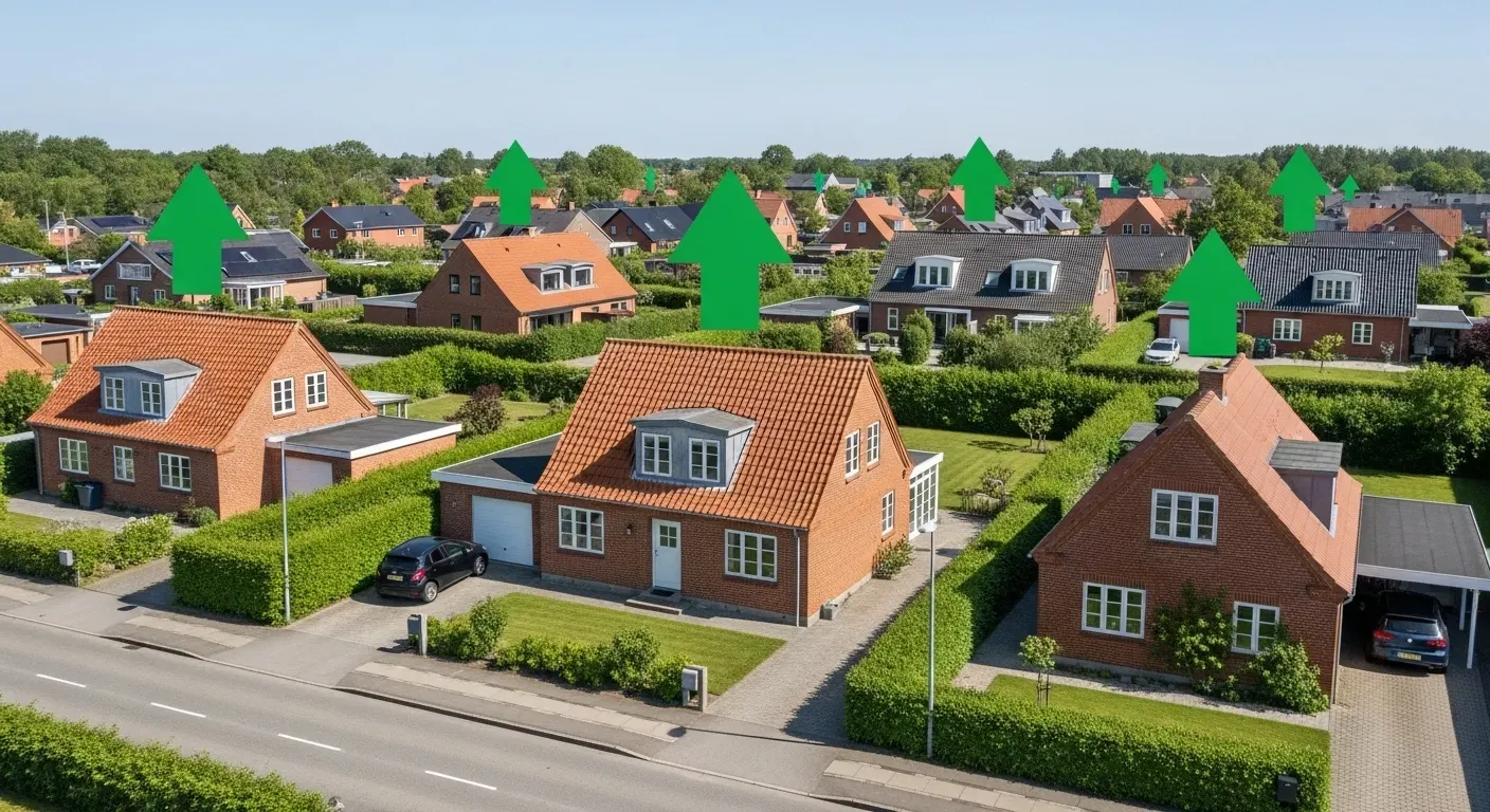 Forstadskvarter med murstens huse, der har grønne pile på taget.