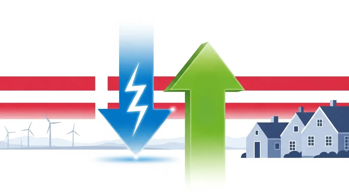 Blå pil peger ned, grøn pil peger op, og huse med vindmøller repræsenterer energireduktion og stigning.