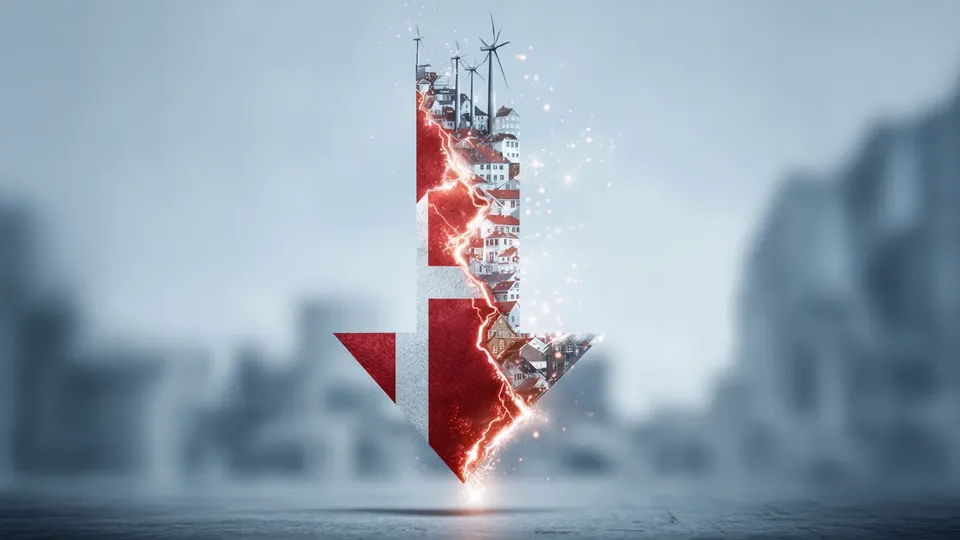 Nedadpegende pil med dansk flag og lyn og bygninger integreret.