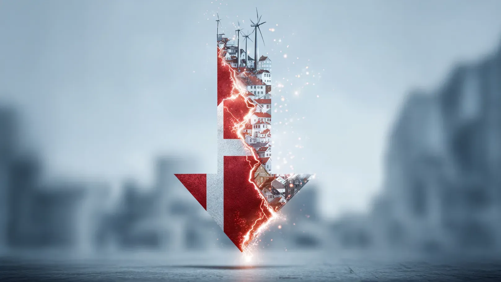 Nedadpegende pil med dansk flag og lyn og bygninger integreret.