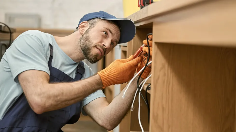 Elektriker i orange handsker installerer ledninger i træskab.