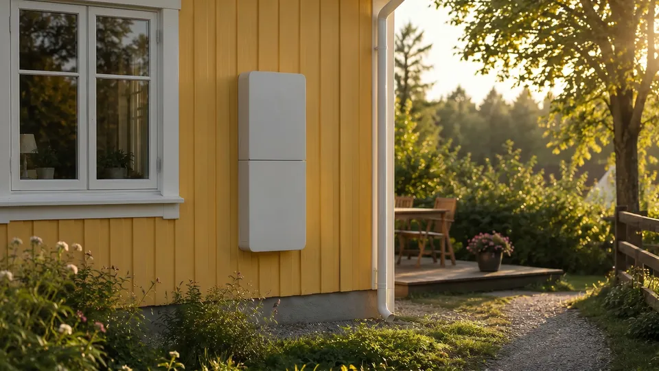 Gul träfasad med ett modernt batteriskåp monterat på husväggen i kvällssol, omgiven av grönska och en uteplats.