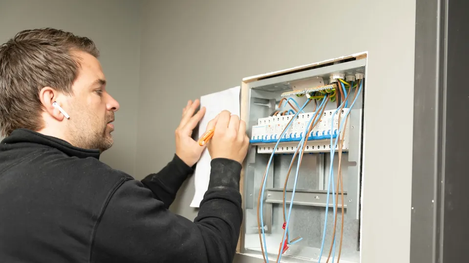 Elektriker inspiserer og dokumenterer et sikringsskap under en eltaksering.