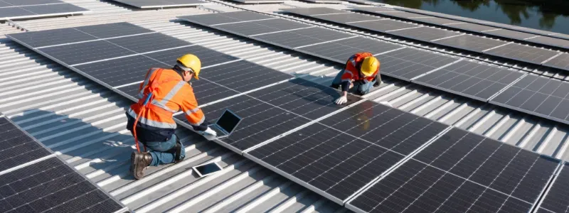 Dois trabalhadores com equipamento de segurança instalando painéis solares num telhado.