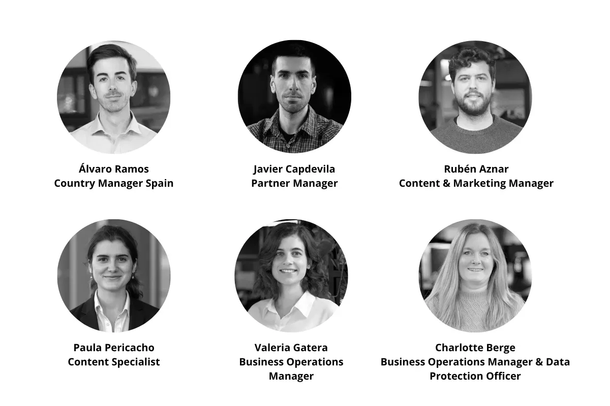 Seis retratos profesionales con nombres y títulos de puesto mostrados debajo de cada persona.