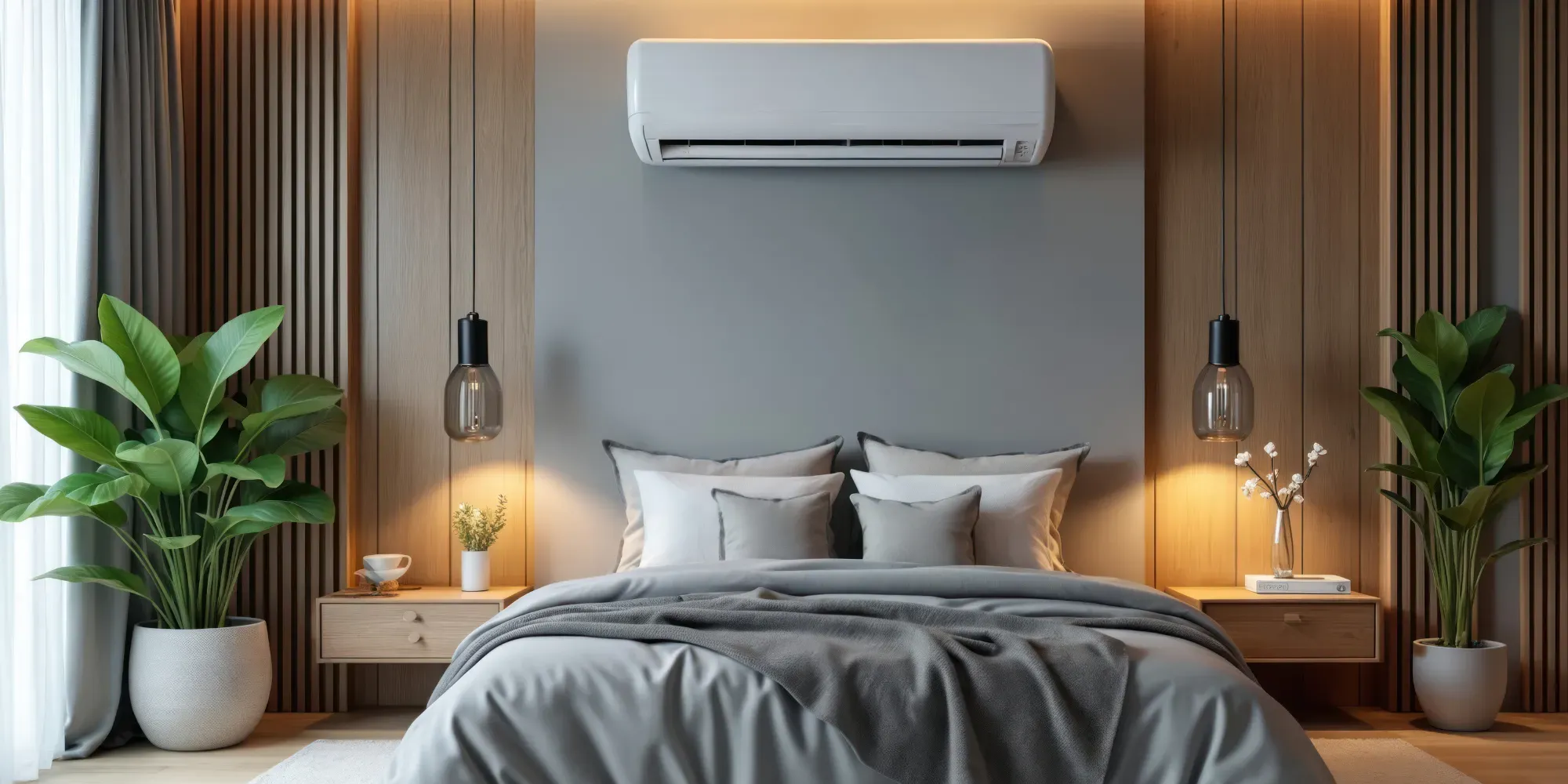 Camera da letto moderna con unità di condizionamento bianca montata sopra il letto.