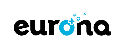 Logo de Eurona con texto azul y negro y símbolos decorativos.