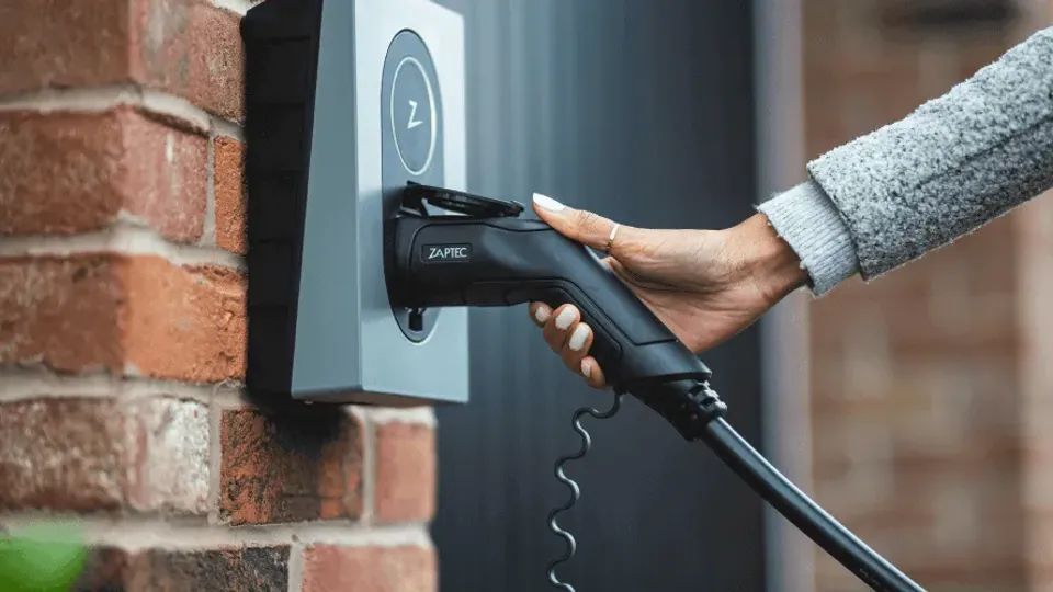 Woman plugging a Zaptec home EV charger into a wall-mounted unit on a brick exterior wall