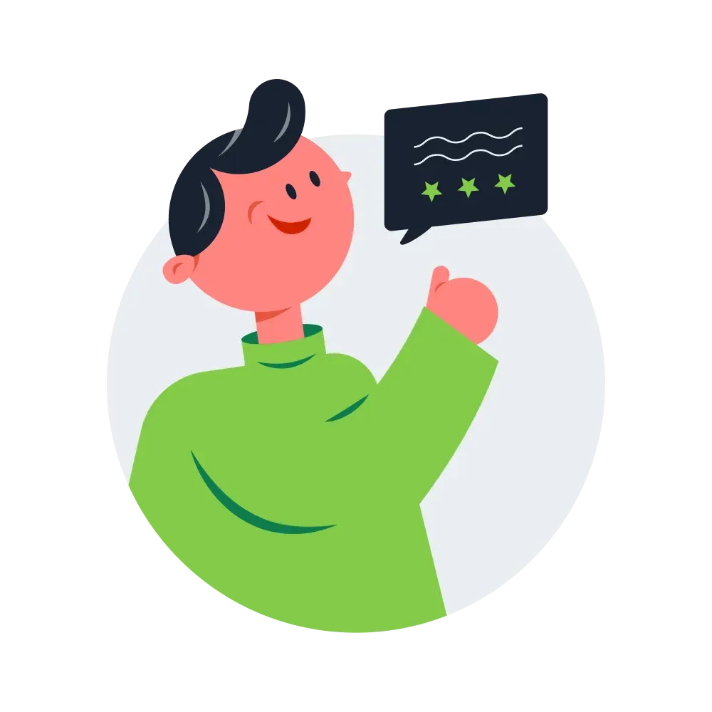 Person giving five-star review with speech bubble.