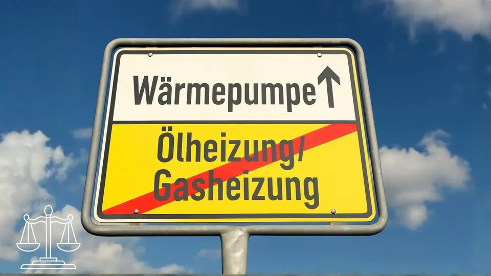 Deutsches Straßenschild mit Wärmepumpe nach oben zeigend, darunter durchgestrichene Ölheizung und Gasheizung.