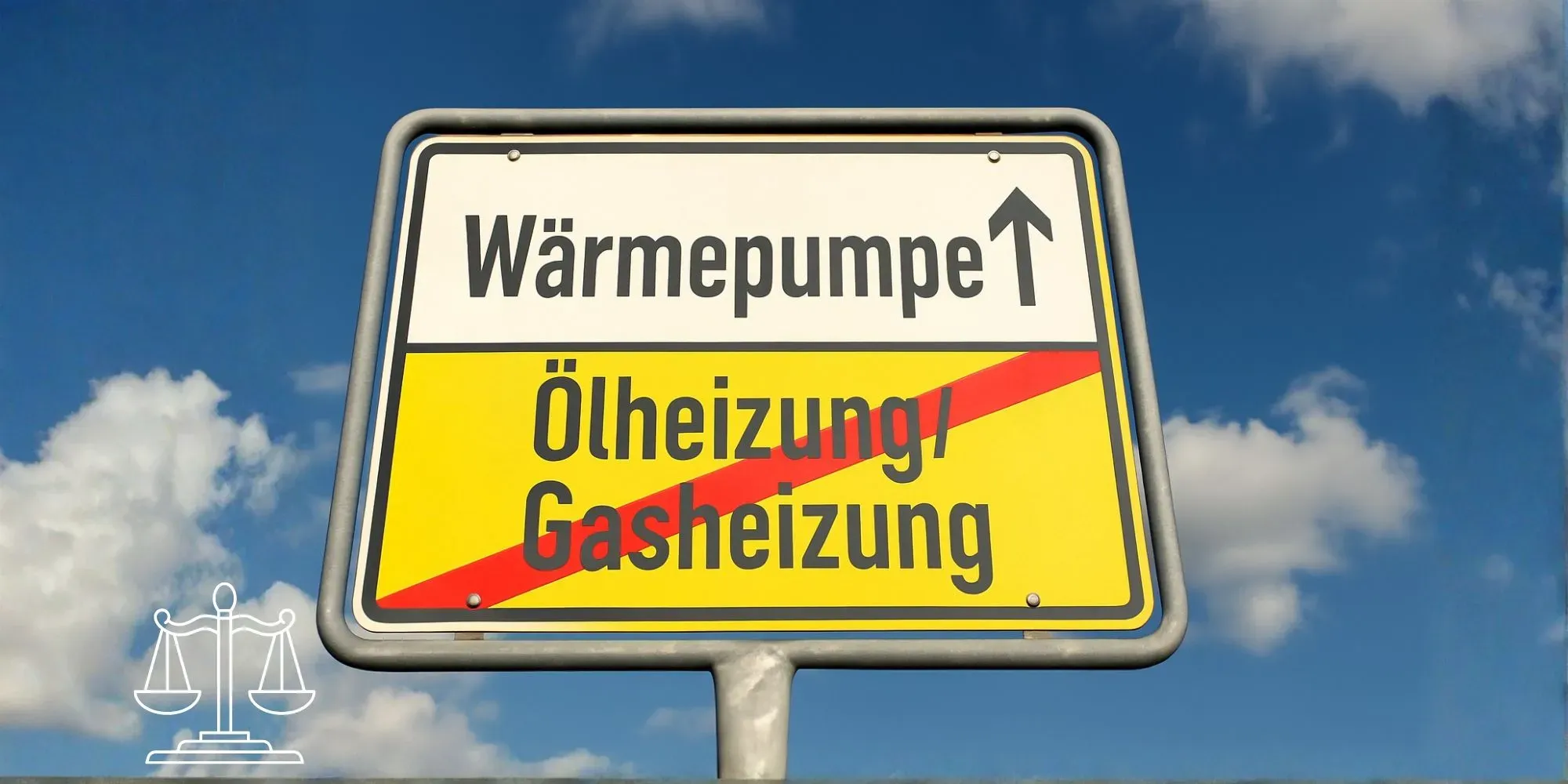 Deutsches Straßenschild mit Wärmepumpe nach oben zeigend, darunter durchgestrichene Ölheizung und Gasheizung.