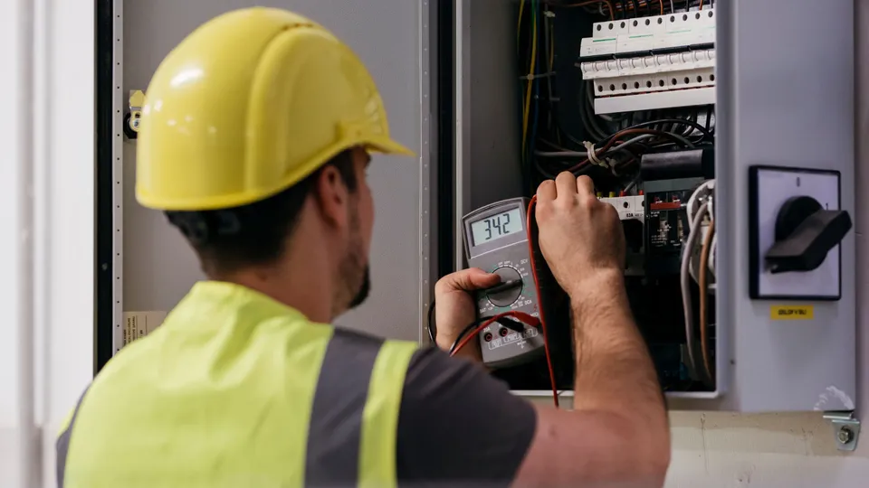 Elektriker bruker multimeter til å teste elektrisk panel.