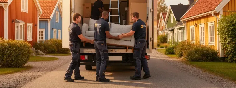 Flyttlag lastar av en soffa från en lastbil på en bostadsgata.