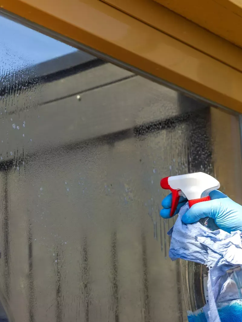 Hand som sprayar rengöringslösning på en fönsterruta.