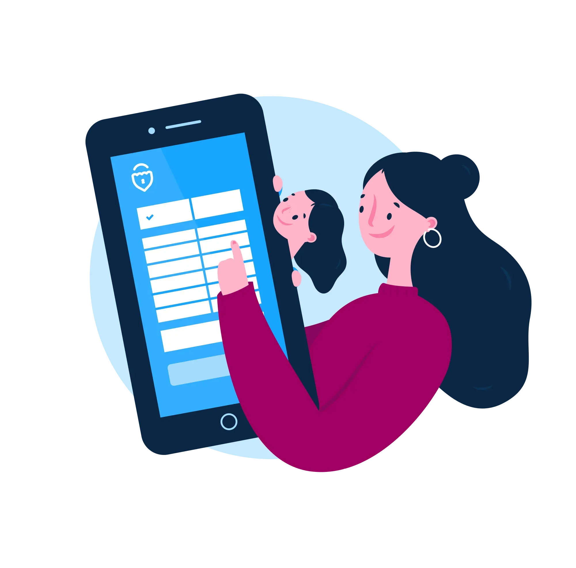 To personer interagerer med en smartphone, der viser en sikkerhedsformular med afkrydsningsfelter.
