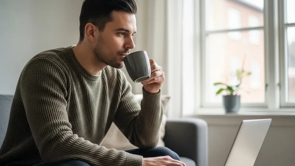 Mand drikker fra krus mens han arbejder ved bærbar computer.