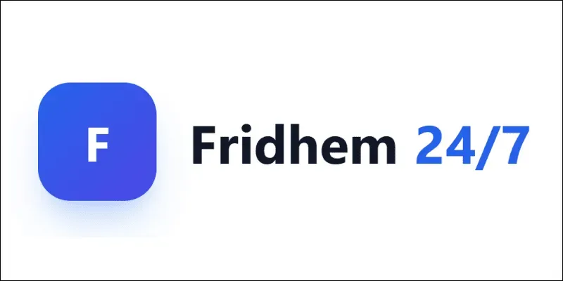 Blå-vit logotyp från städfirman Fridhem 24/7.