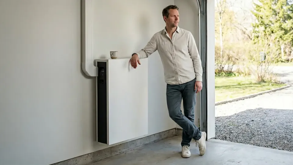 En stolt medelålders svensk man som lutar sig mot sitt nyinstallerade hembatteri i ett garage och ser nöjd ut. Han har ställt en kaffekopp på batteriet.
