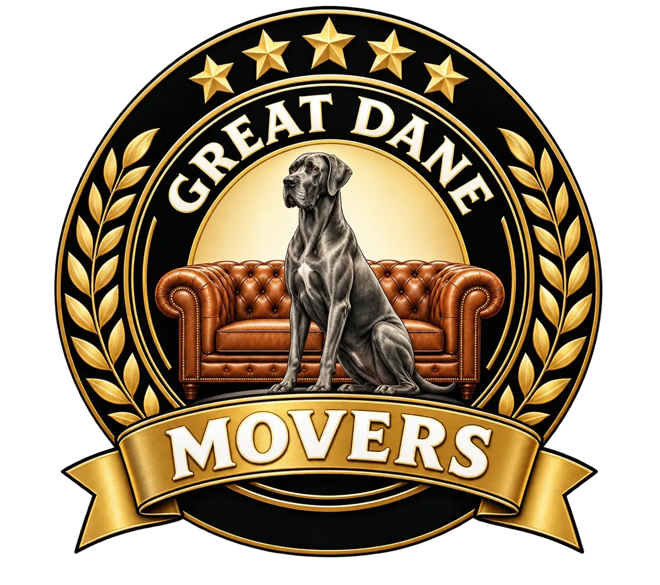 Great Dane-hund siddende på lædersofa, logo-emblembillede.